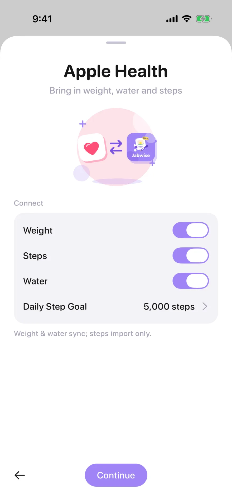 Jabwise Apple Health setup with switches for weight, steps and water
