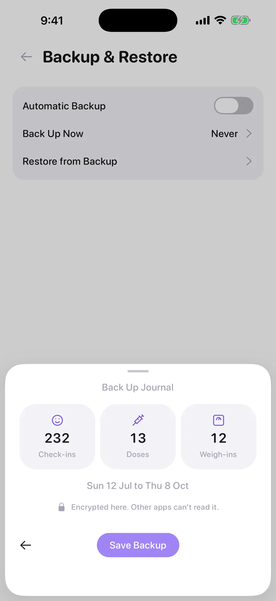 Jabwise Back Up Journal sheet: 232 check-ins, 13 doses and 12 weigh-ins, encrypted on this device