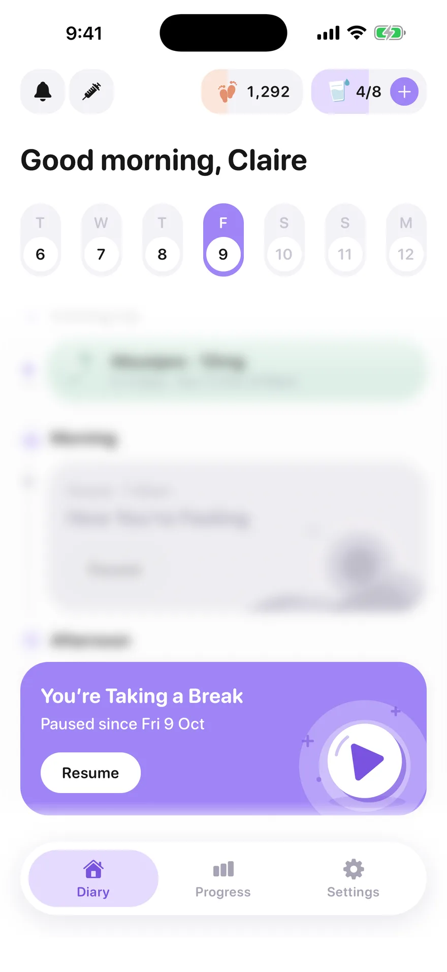Jabwise Diary paused, with a Resume button