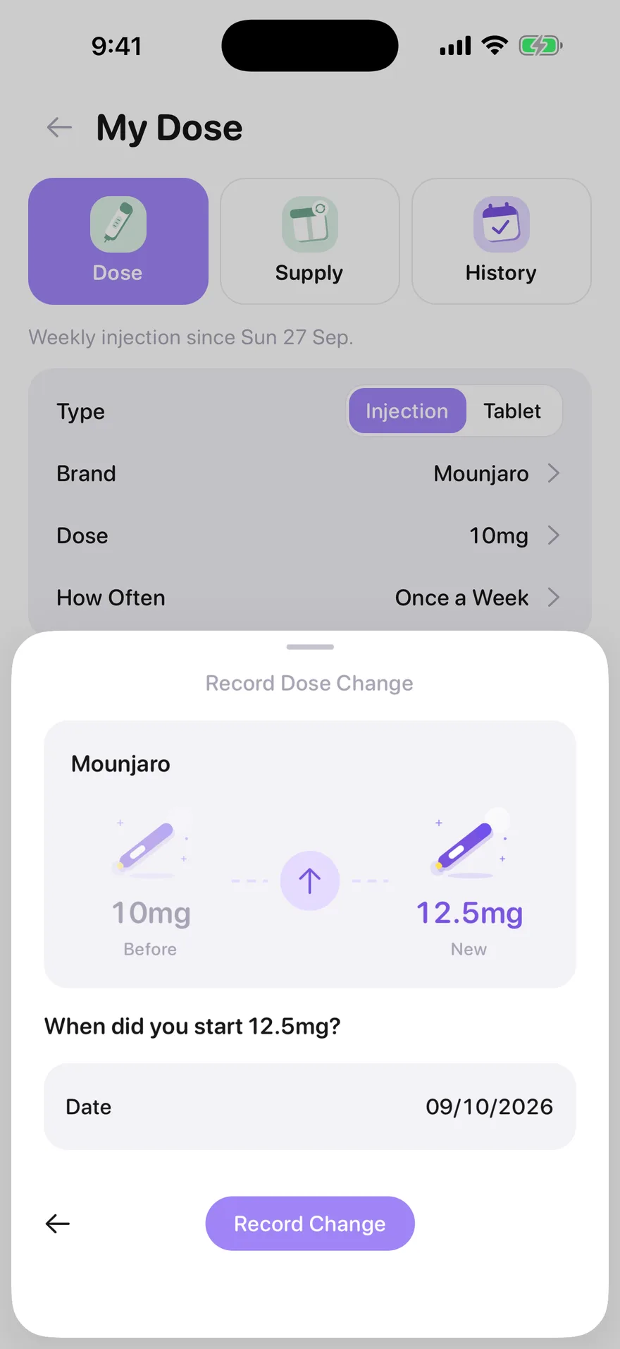 Jabwise recording a Mounjaro dose change from 10mg up to 12.5mg