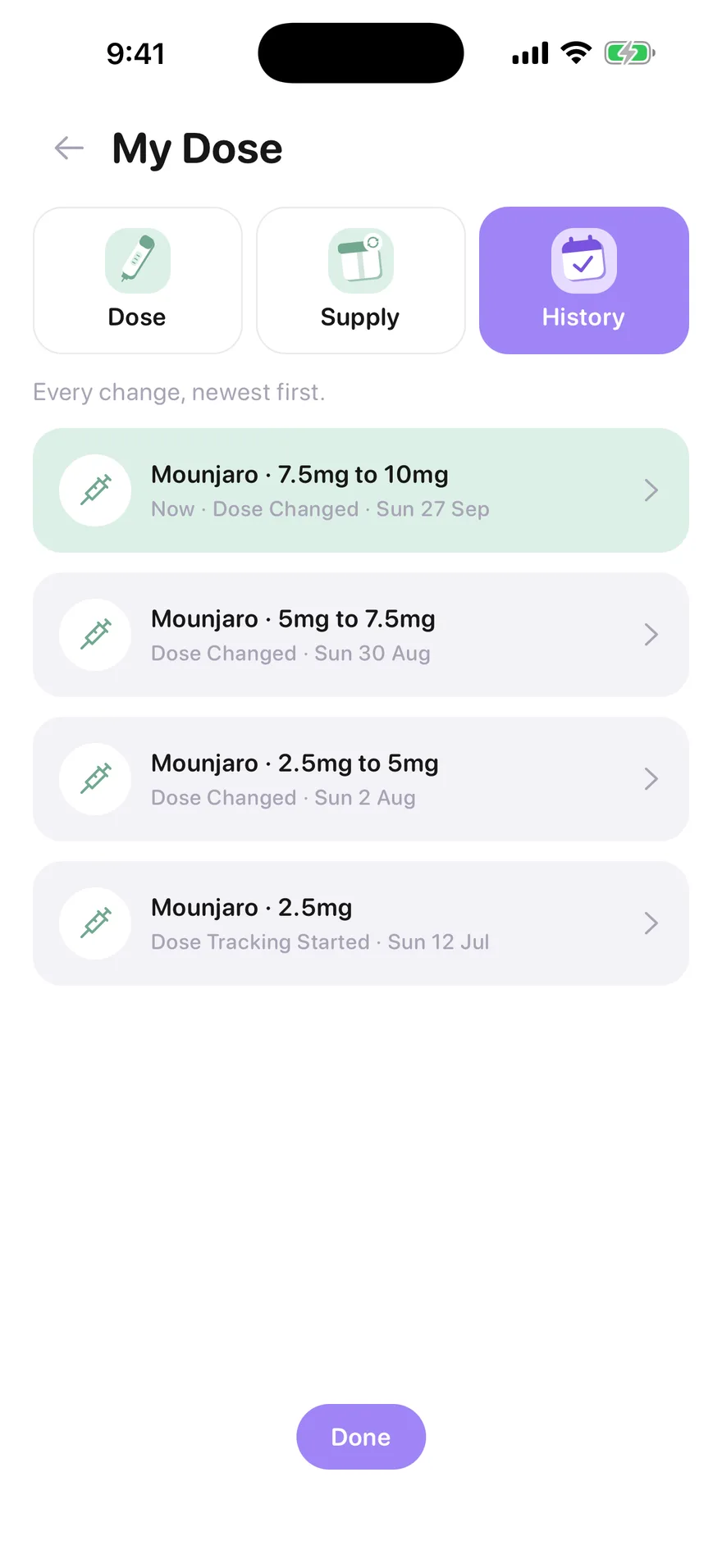 Jabwise dose history listing each Mounjaro change, newest first