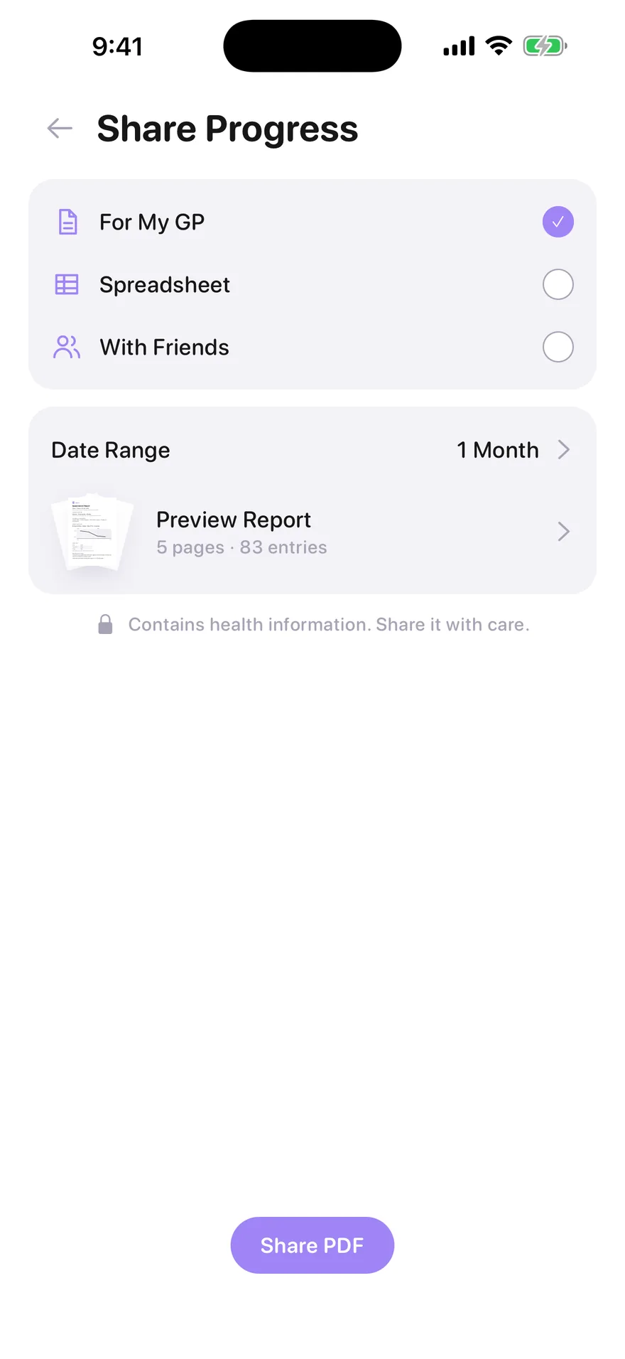 Jabwise Share Progress with For My GP selected, a one-month range, a five-page report preview and a Share PDF button