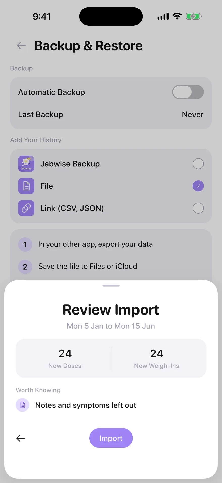 Jabwise Review Import: 24 new doses and 24 new weigh-ins from Monday 5 January to Monday 15 June