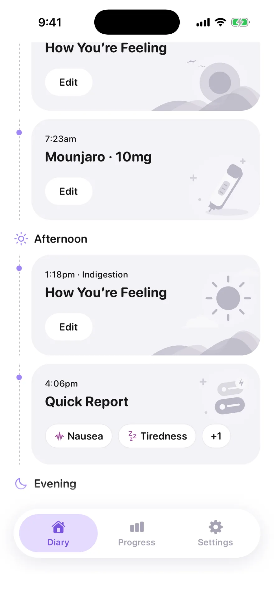 Jabwise Diary with a 4:06pm Quick Report of Nausea, Tiredness and one more