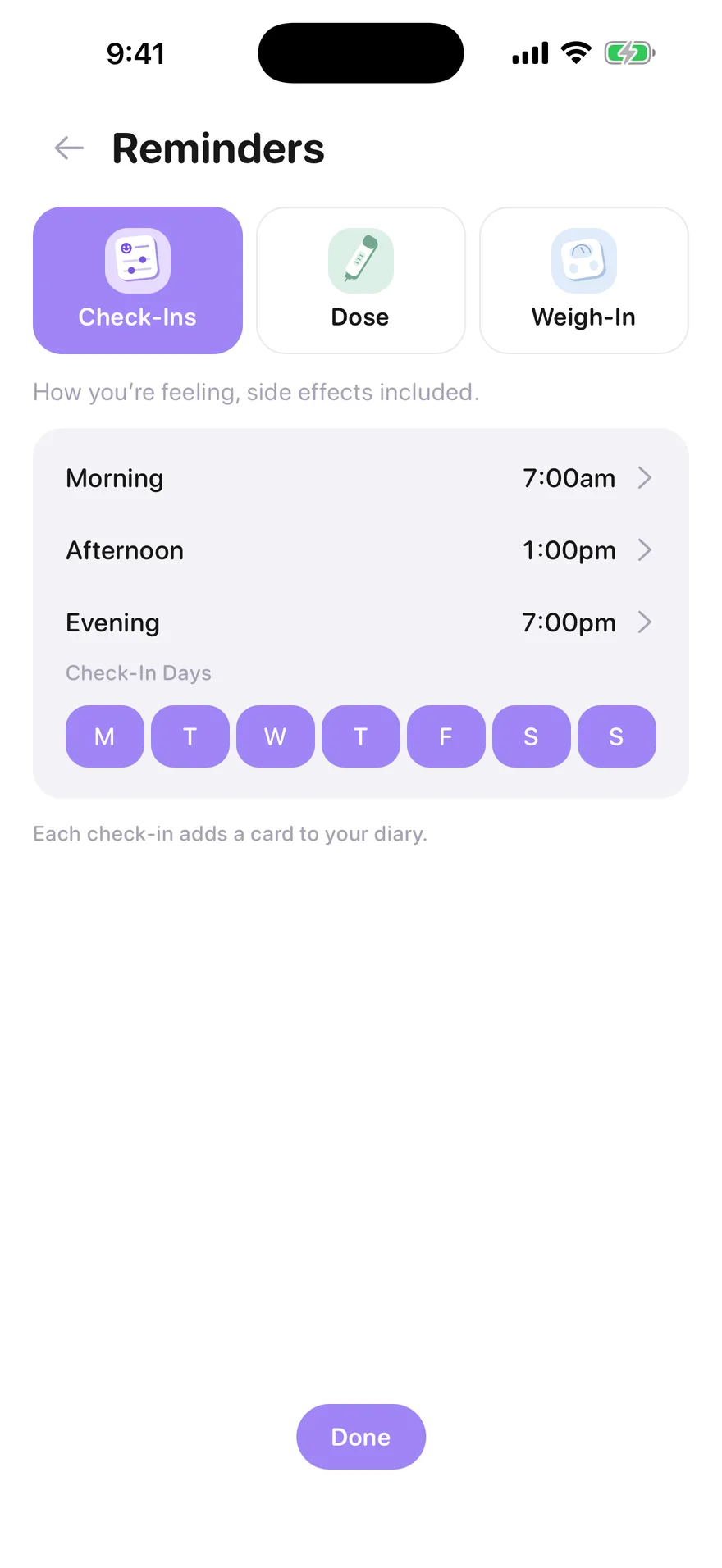 Jabwise reminder times for morning, afternoon and evening check-ins