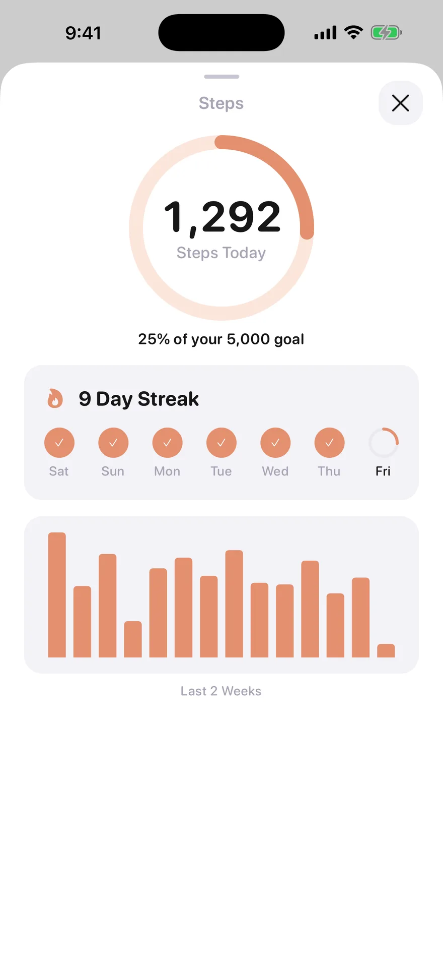 Jabwise steps sheet showing 1,292 steps today and a nine-day streak