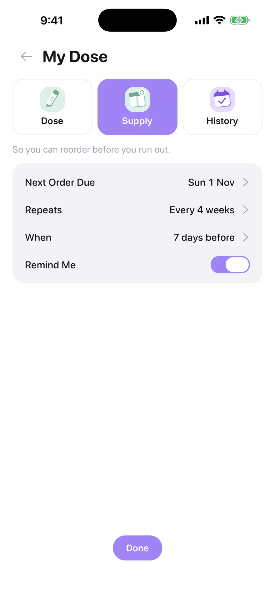 Jabwise Supply with the next order due Sunday 1 November, repeating every 4 weeks and a reminder 7 days before